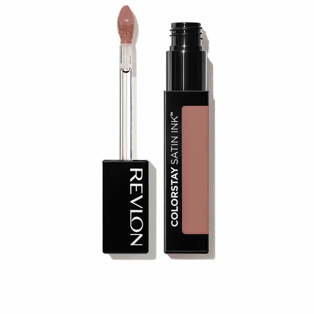 Lippenstift mit Applikator. Schwarze Verpackung mit "REVLON" und "COLORSTAY SATIN INK". Geöffnet.
