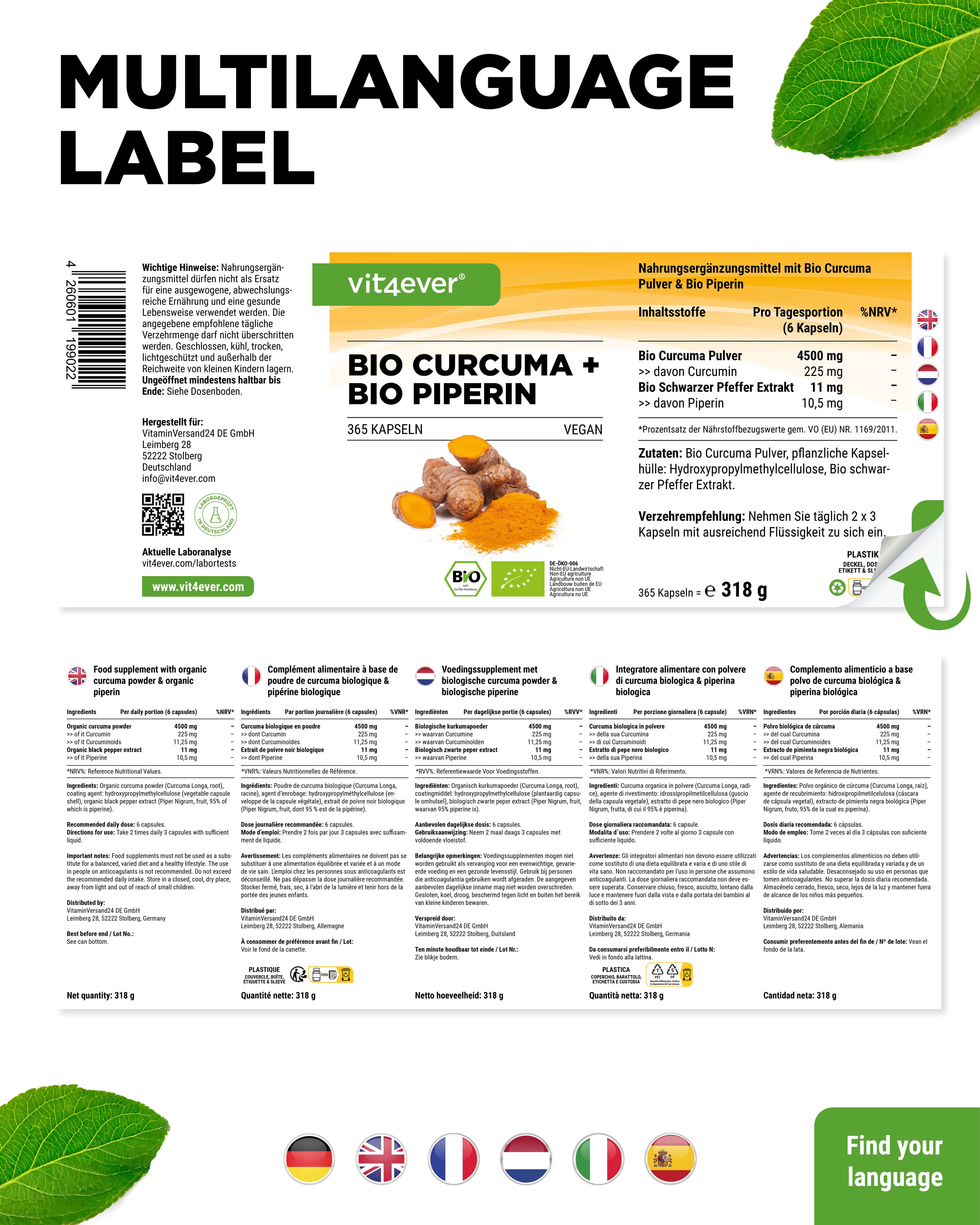 Flasche mit Bio Curcuma + Bio Piperin. Mehrsprachiges Etikett. Text: Multilanguage Label. 365 Kapseln.