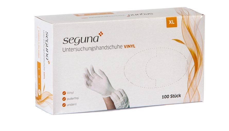 Weiße Vinyl-Untersuchungshandschuhe in einer Schachtel. Aufdruck: "seguna", "Vinyl", "100 Stück", Größe XL.