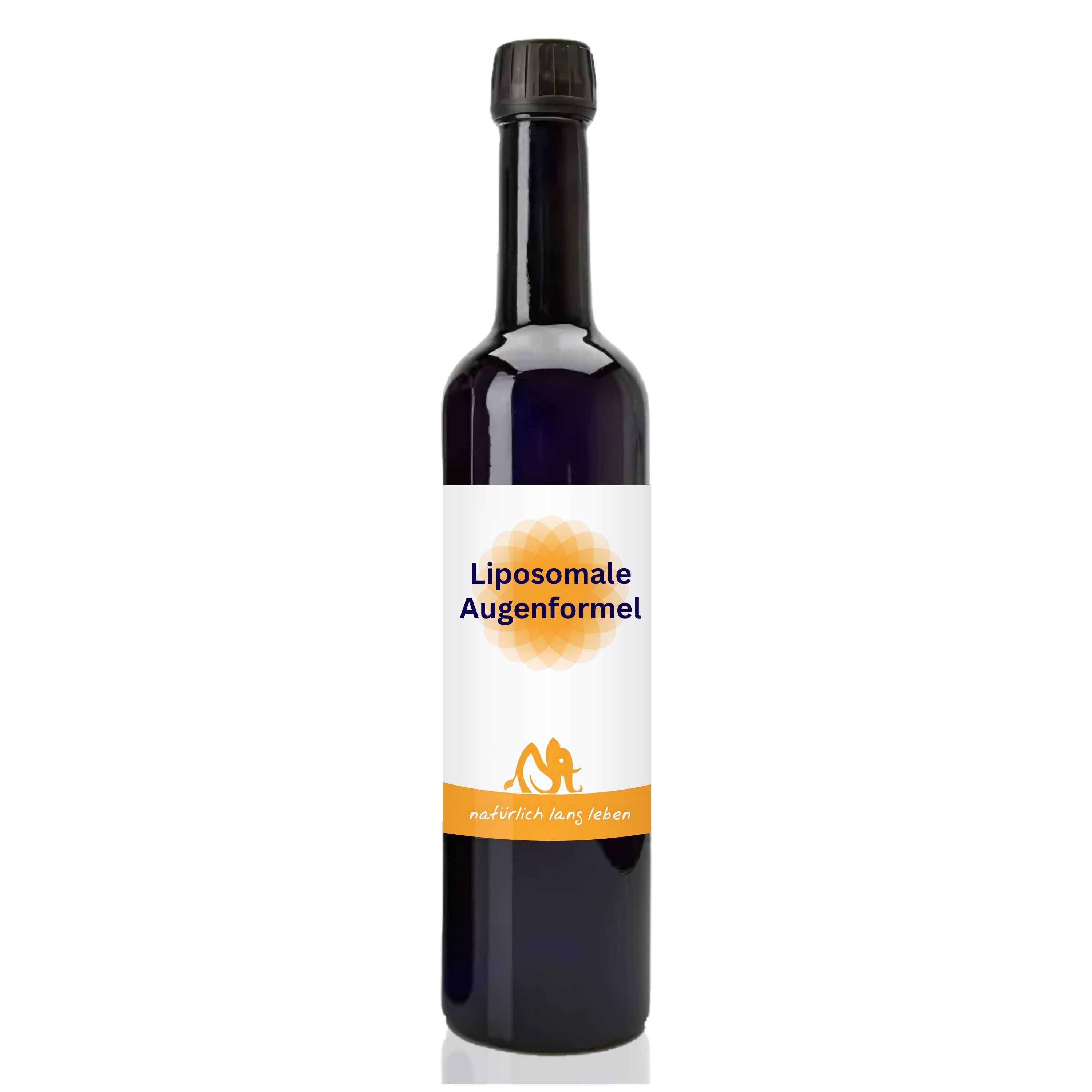 Dunkle Glasflasche mit schwarzem Verschluss. Etikett mit "Liposomale Augenformel" und Logo. Flüssigkeit sichtbar.