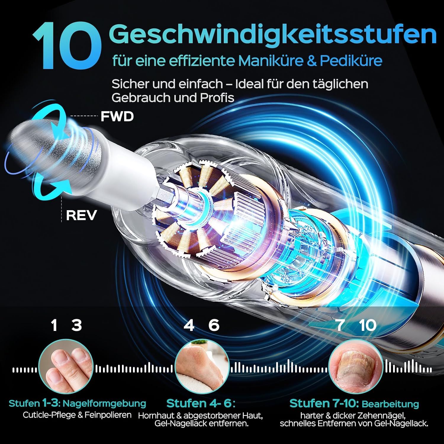 Elektrischer Nagelbohrer C60 mit digitalem Display und Zubehör.