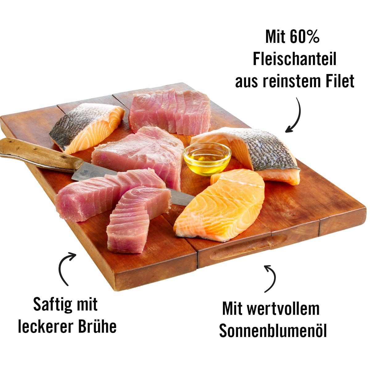Holzbrett mit Thunfisch, Lachs und Sonnenblumenöl. Text: Mit 60% Fleischanteil aus reinem Filet. Saftig mit leckerer Brühe.