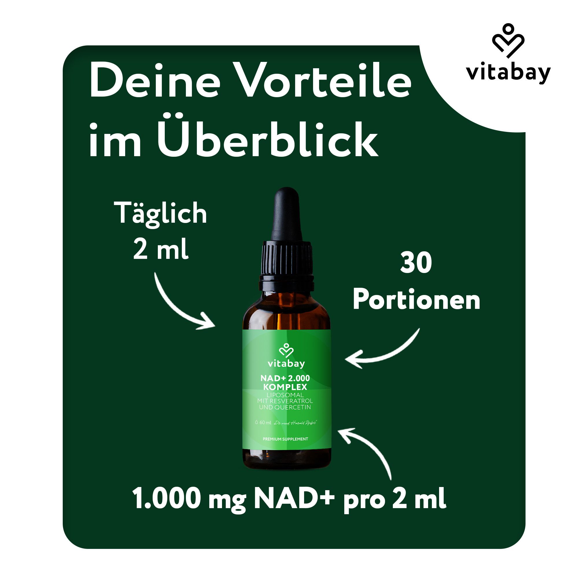 Vitabay NAD+ 2.000 Komplex Tropfflasche mit Pipette. 30 Portionen, 1.000 mg NAD+ pro 2 ml.