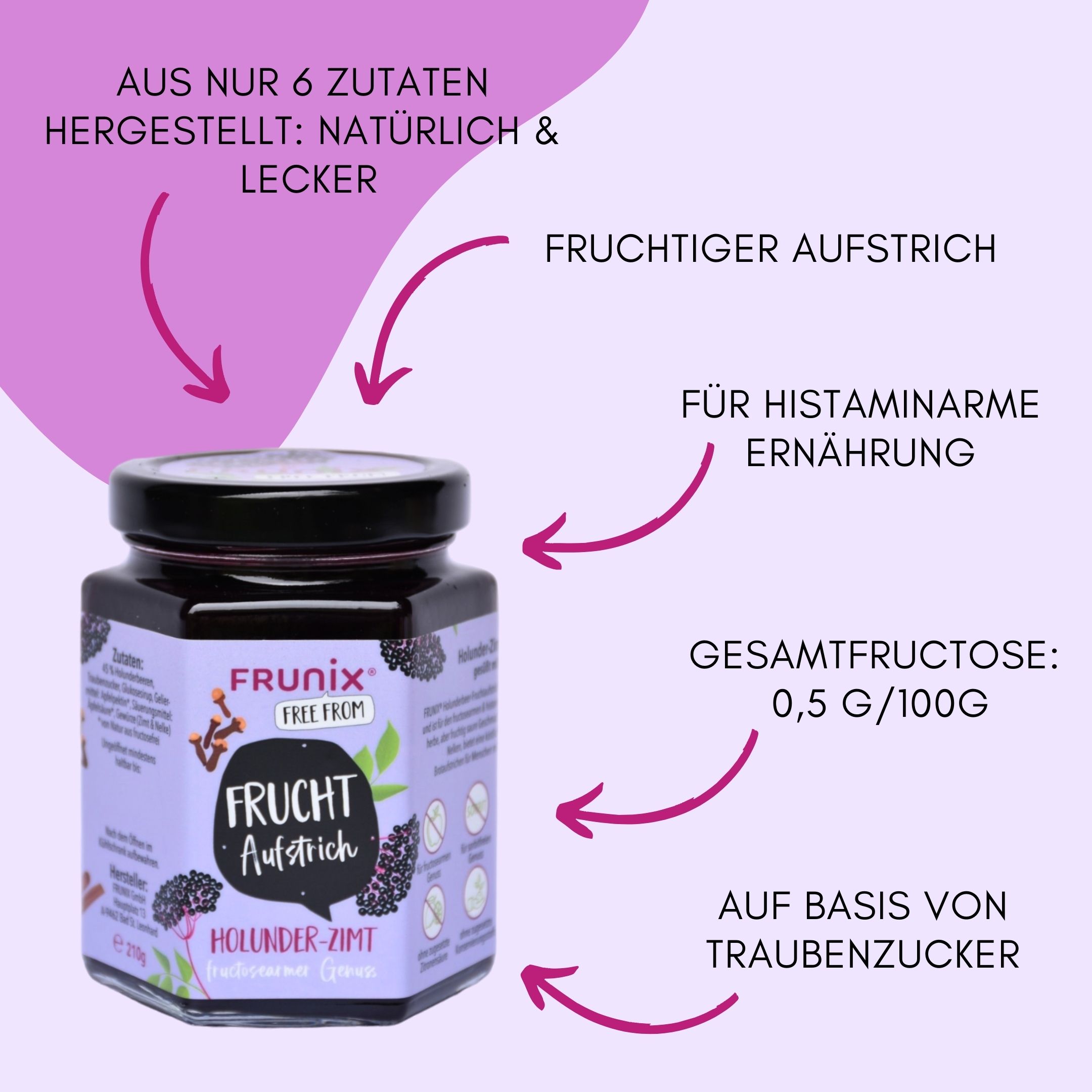 Glas FRUNIX® Holunder-Zimt Fruchtaufstrich. Text: Für histaminarme Ernährung, Gesamtfructose 0,5 g/100g, auf Basis von Traubenzucker. Lila Hintergrund.