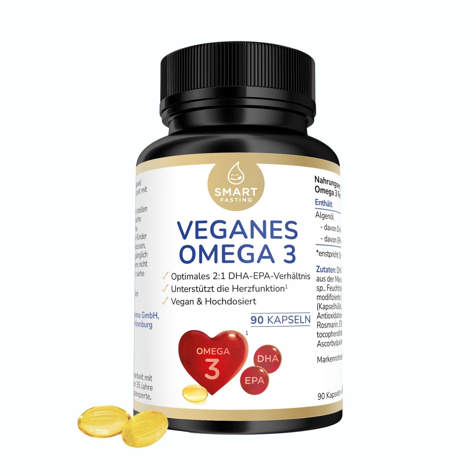 Braune Flasche mit gelben Kapseln. Aufschrift: Veganes Omega 3. Enthält 90 Kapseln. Rotes Herz-Symbol mit Omega 3.