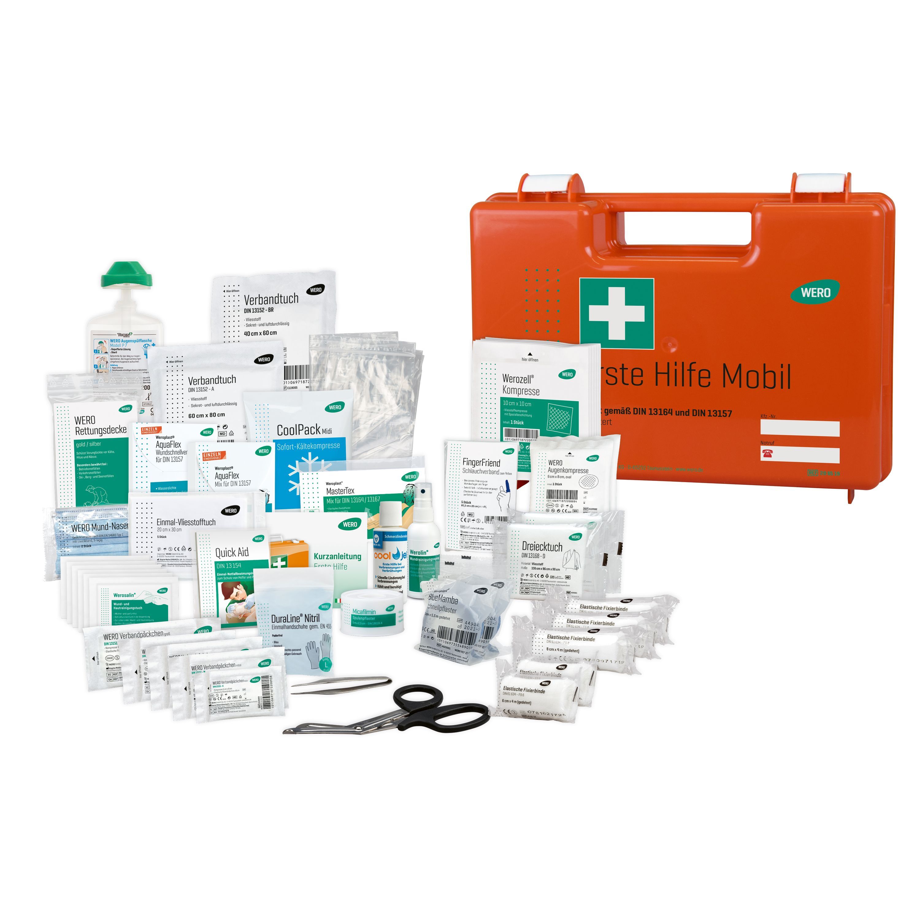 Erste-Hilfe-Koffer, orange, mit Inhalt. Enthält Verbandsmaterial, Kühlpacks, Desinfektionsmittel und Schere. DIN 13164 und DIN 13157.