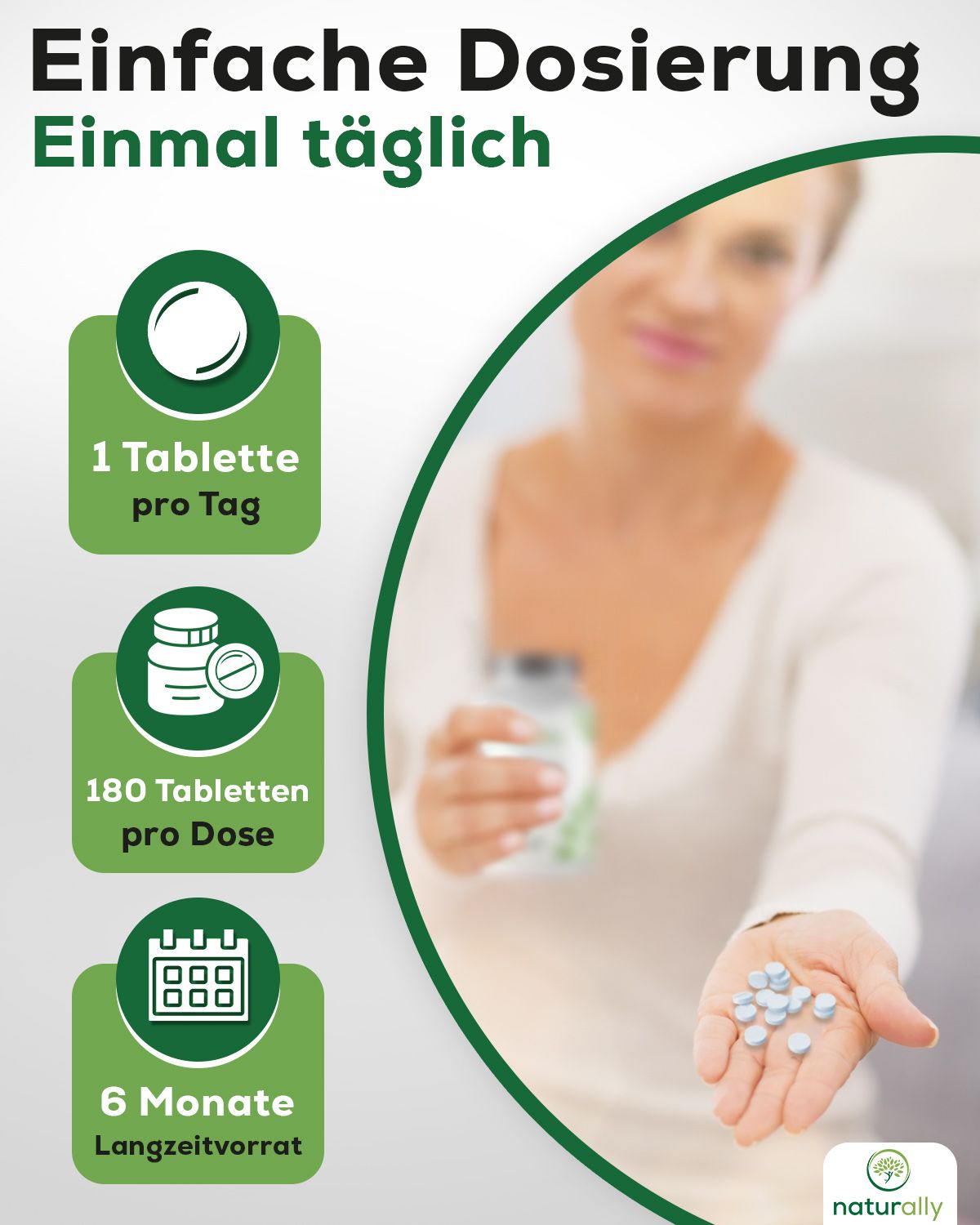 Frau hält Tabletten. Text: Einfache Dosierung. 1 Tablette pro Tag, 180 Tabletten pro Dose, 6 Monate Vorrat. naturally Logo.