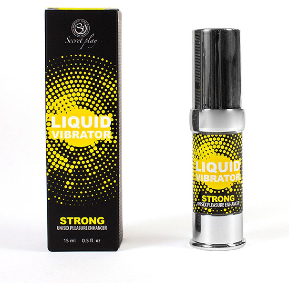 Schwarze Verpackung und silberfarbener Behälter mit gelber Aufschrift "LIQUID VIBRATOR STRONG".