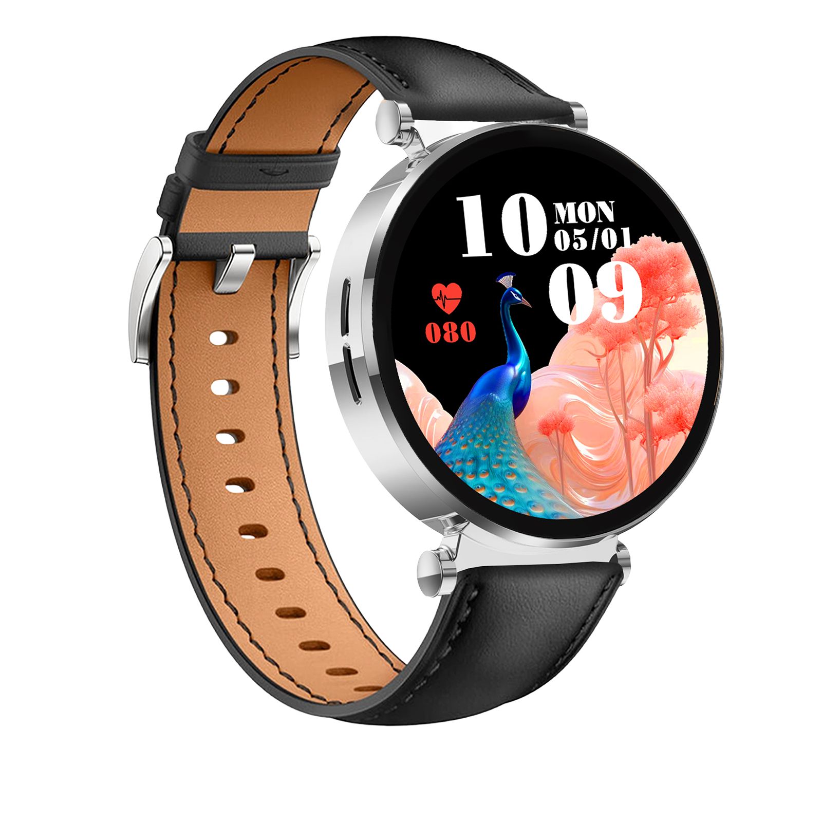 Smartwatch mit rundem Zifferblatt, schwarzem Lederarmband und silbernem Gehäuse. Zifferblatt mit Datum, Uhrzeit und Herzfrequenzanzeige.