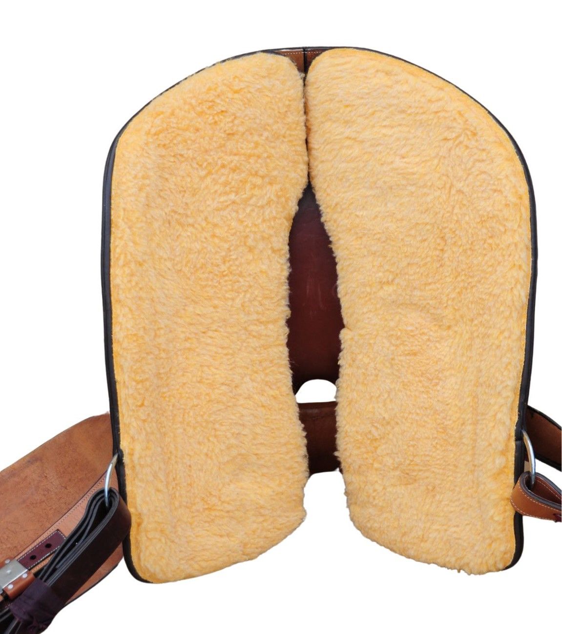 Sattelunterseite mit gelbem Fell. Nahaufnahme, isoliert auf weißem Hintergrund.