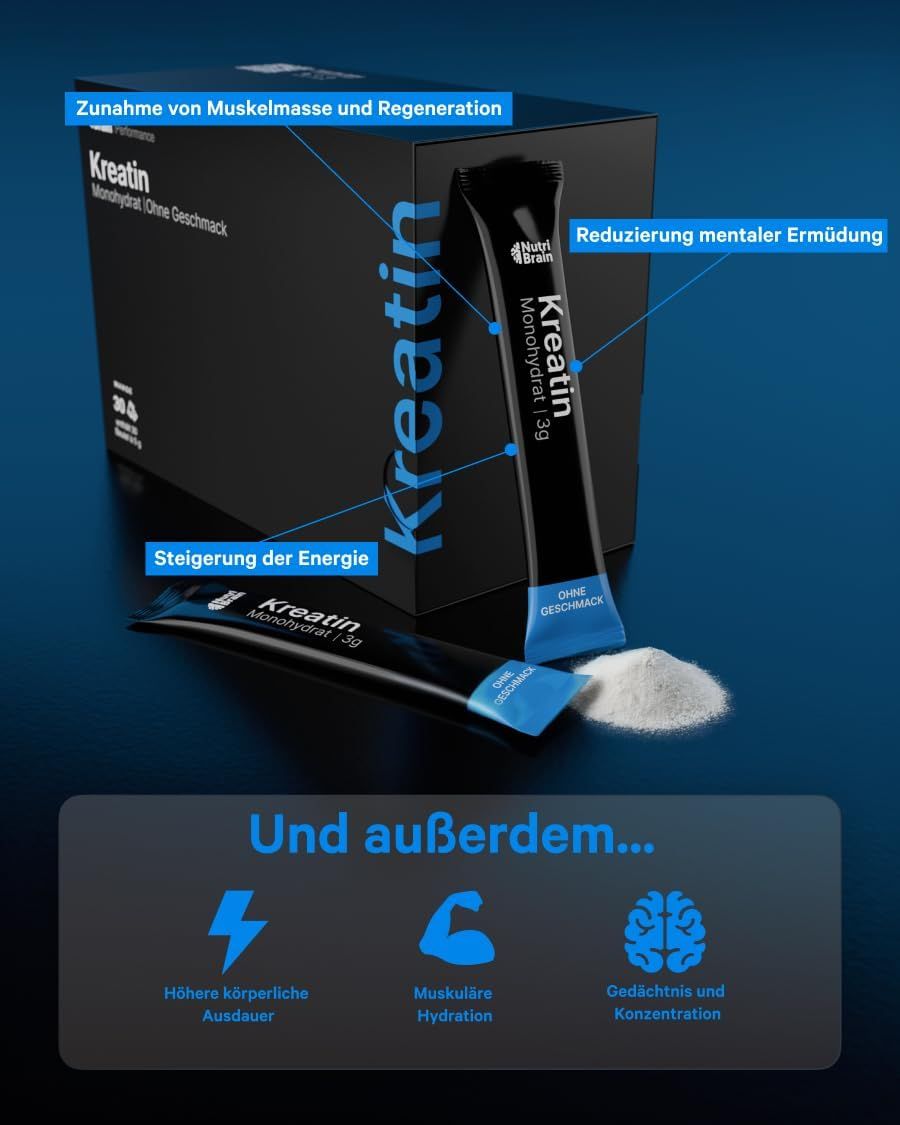 Kreatin Monohydrat Sticks und Box, 3g pro Stick, geschmacksneutral, für Energie und Muskelaufbau.