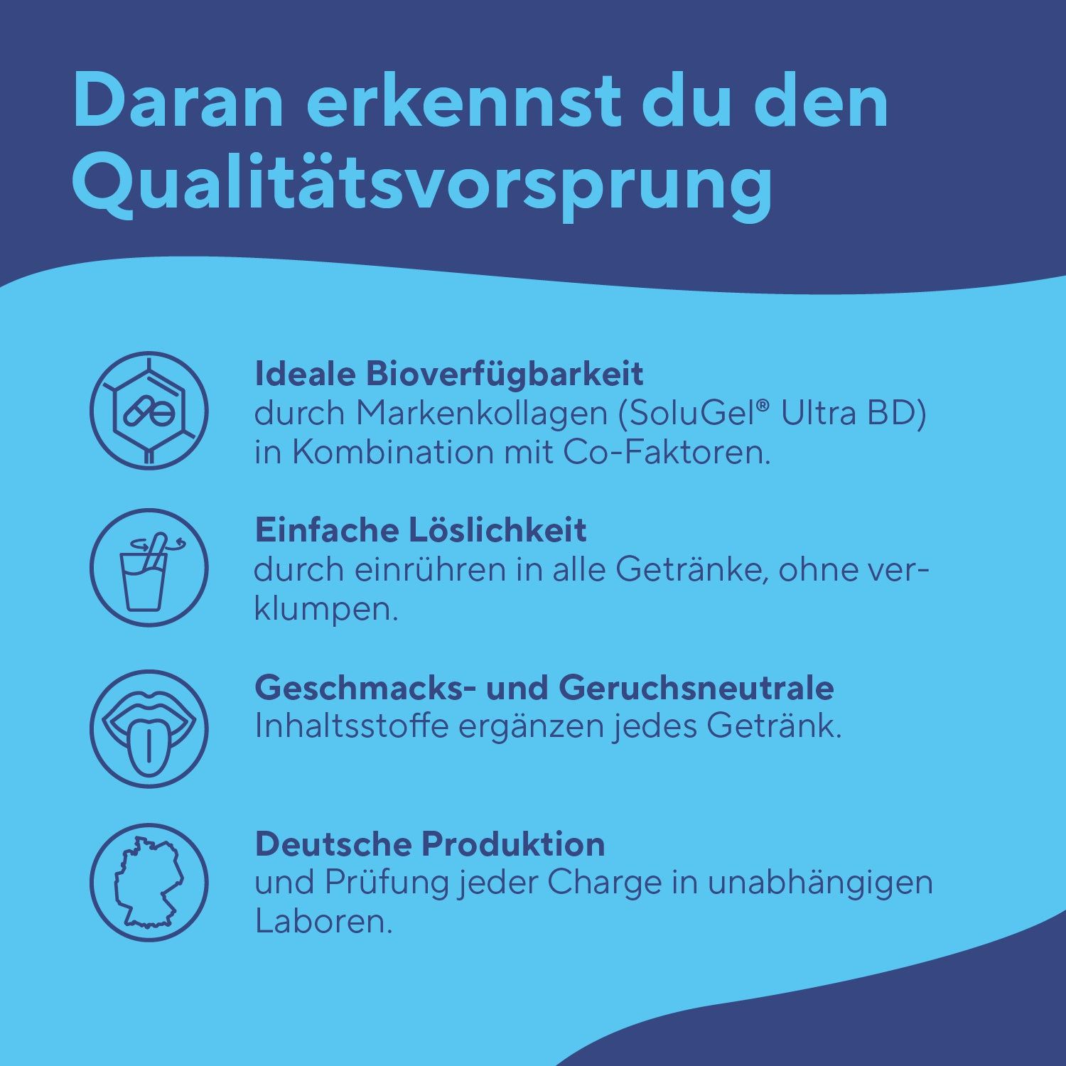 Vier Symbole, die Qualitätseigenschaften von TRUE NATURE® Chondro Balance erklären: Bioverfügbarkeit, Löslichkeit, Neutralität, Produktion.