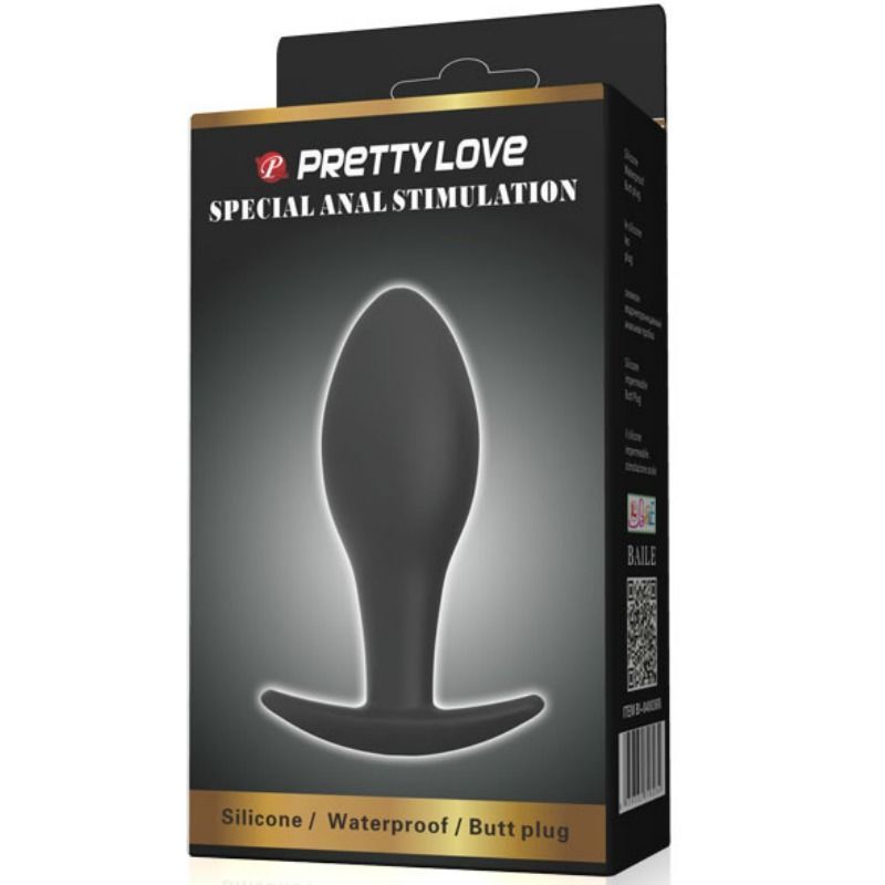 Verpackung mit schwarzem Anus-Plug. Aufschrift: PRETTY LOVE SPECIAL ANAL STIMULATION. Silikon/wasserdicht.