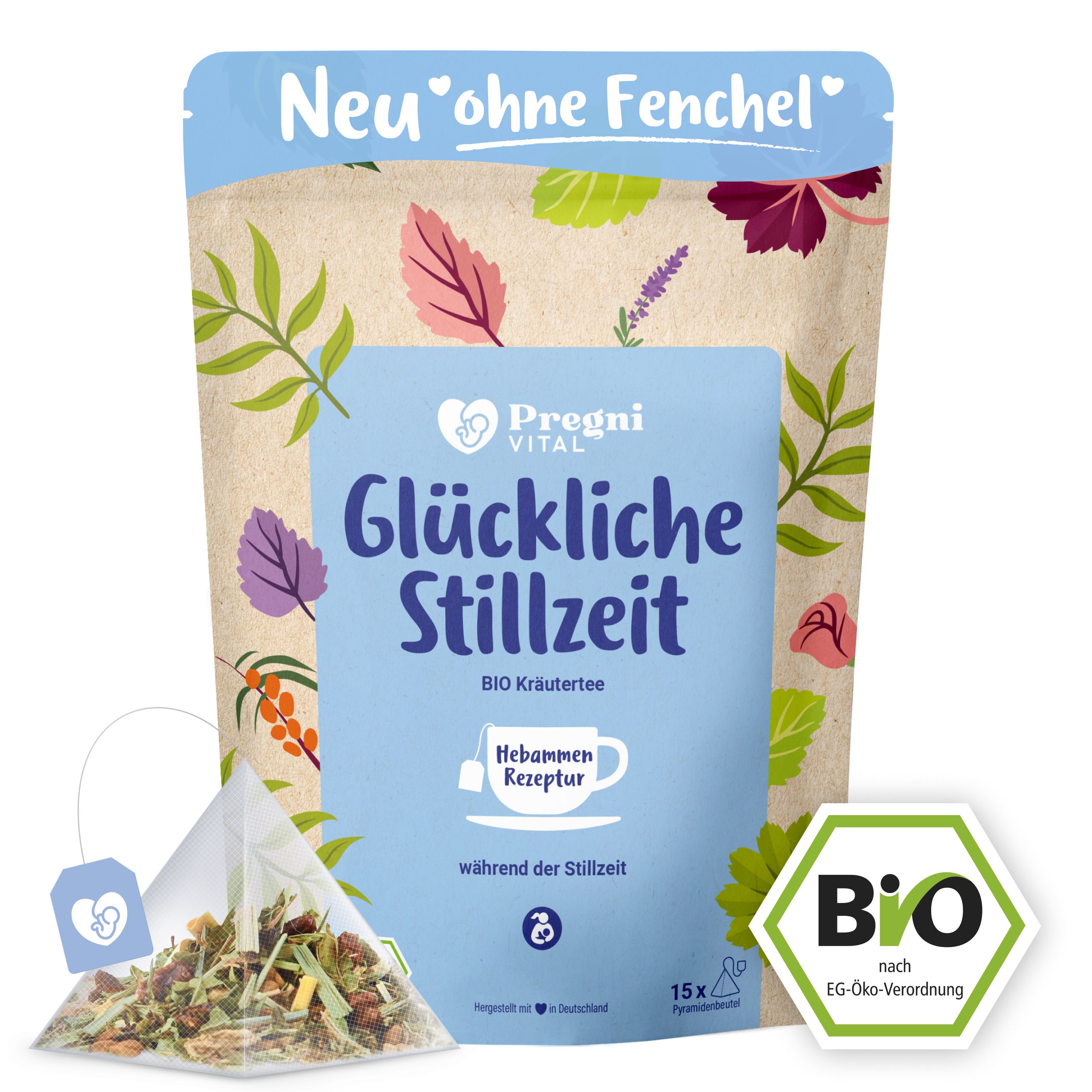BIO Schwangerschaftstee Beutel mit Kräutern, Herz-Symbol und BIO-Siegel.