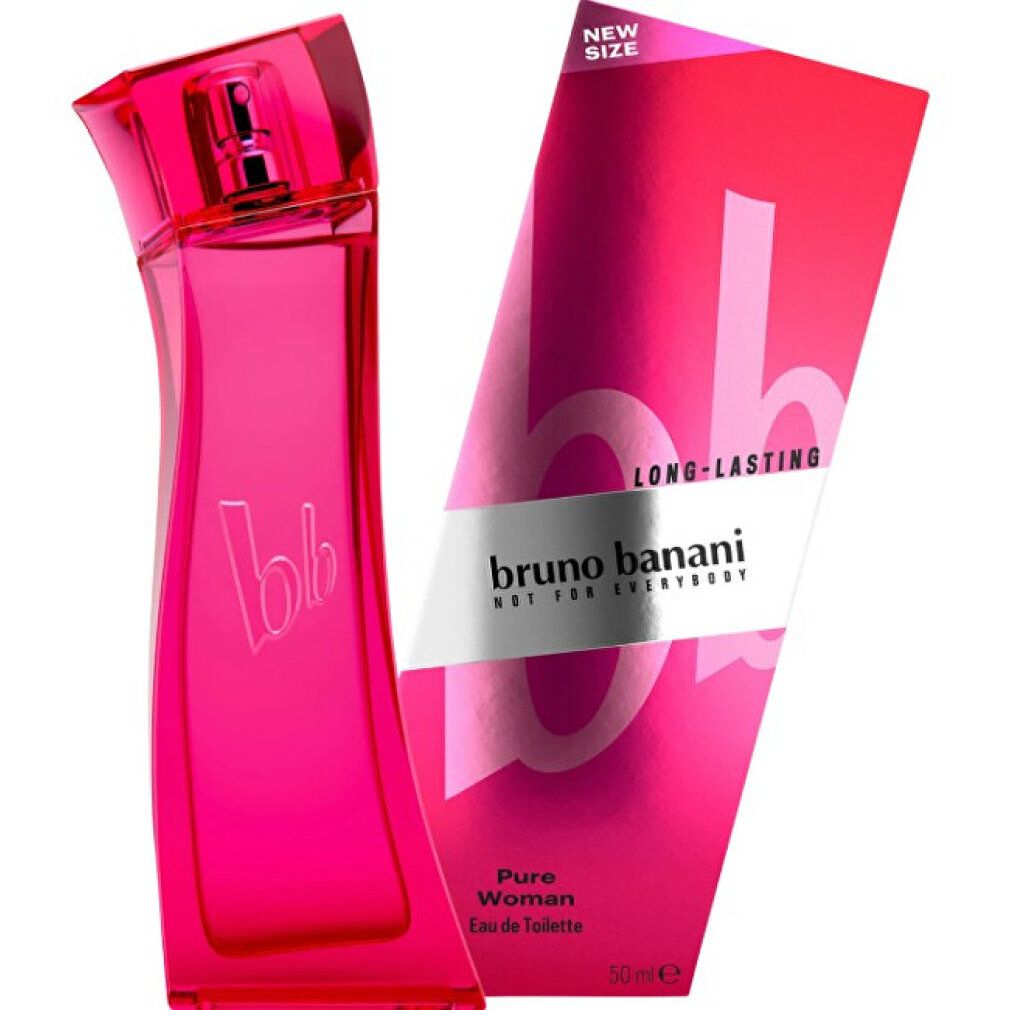Rosa Flakon und Schachtel. Auf dem Flakon steht "bb". Auf der Schachtel steht "Bruno Banani Pure Woman". 50 ml.