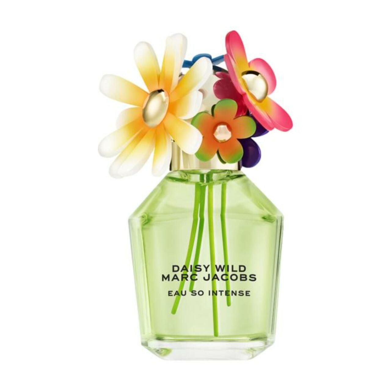 Grünes Parfümflakon mit bunten Blüten. Aufschrift: Daisy Wild, Marc Jacobs, Eau So Intense.