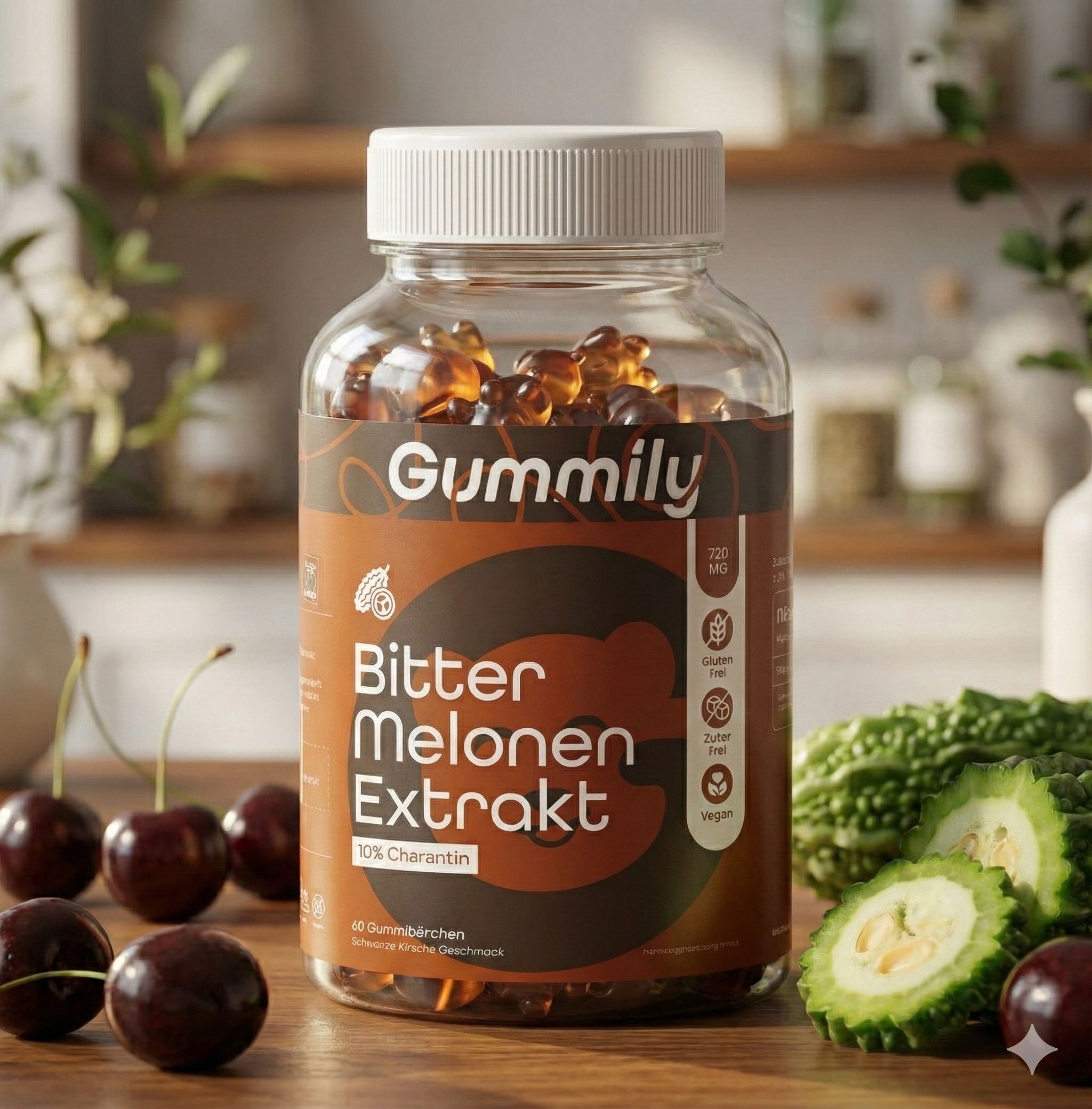 Glasflasche mit Gummibärchen. Aufschrift: Gummily Bitter Melonen Extrakt. Kirschen und Bittermelone im Hintergrund.