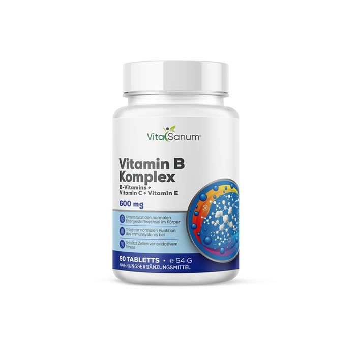 VitaSanum Vitamin B-Komplex in einer weißen Flasche. Enthält 600 mg. 30 Tabletten. Nahrungsergänzungsmittel.