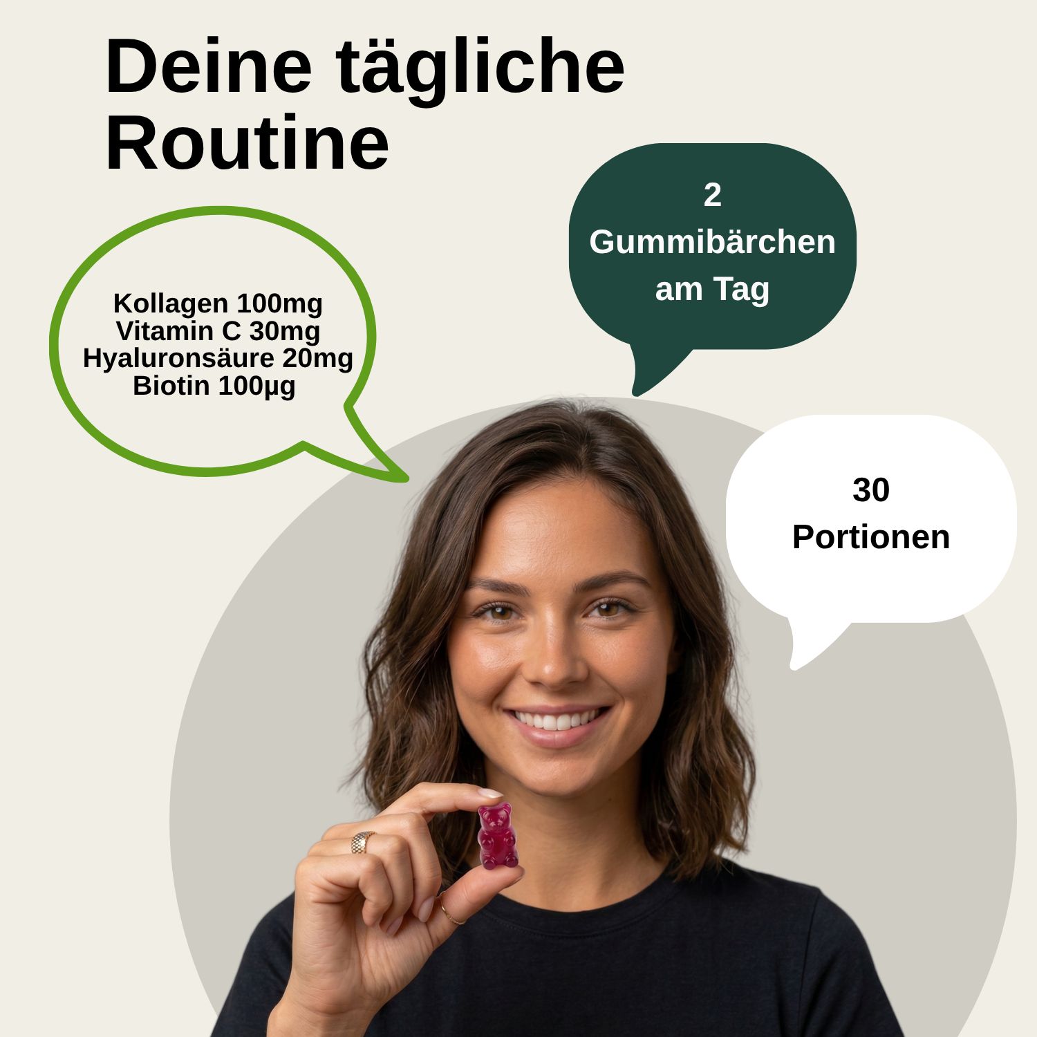 Frau hält ein lila Kollagen-Gummibärchen, mit Sprechblasen, die tägliche Dosierung und Portionsgröße anzeigen.