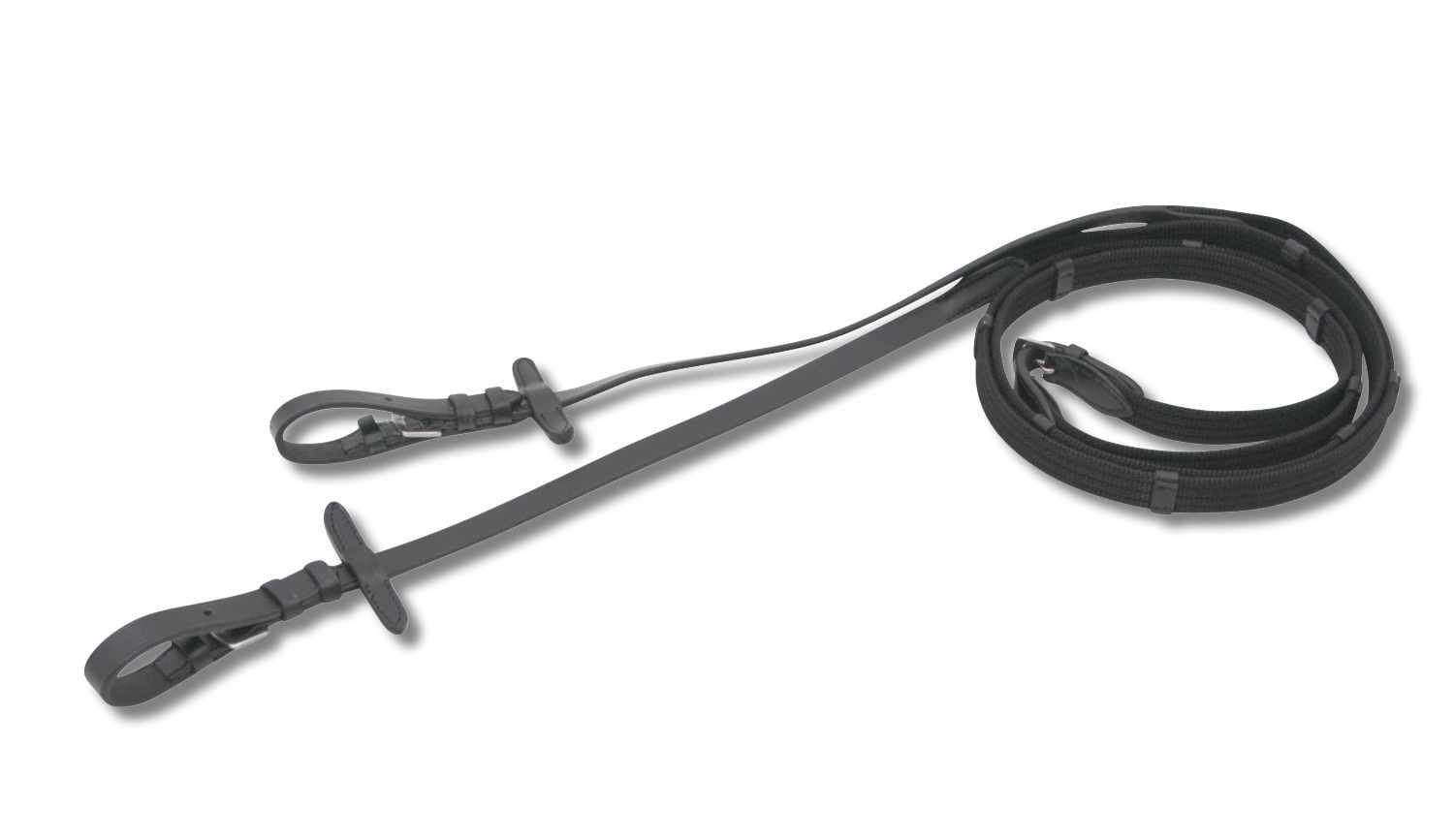 Schwarzer Gurtzügel, diagonale Ansicht. Lederriemen mit Martingal-Stoppern und Enden.
