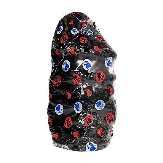 Schwarzer Dildo, glatte Oberfläche, ohne Hoden, in transparenter Verpackung. Verpackung mit Logos.