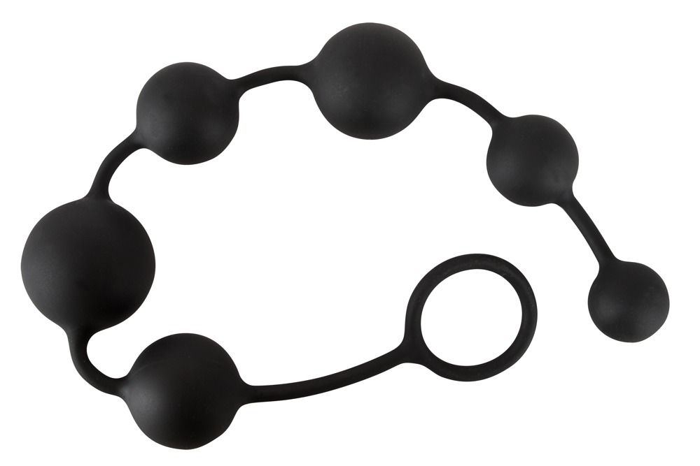 Schwarze Kugelkette mit 6 Kugeln und Ring. Die Kugeln sind durch einen flexiblen Strang verbunden.