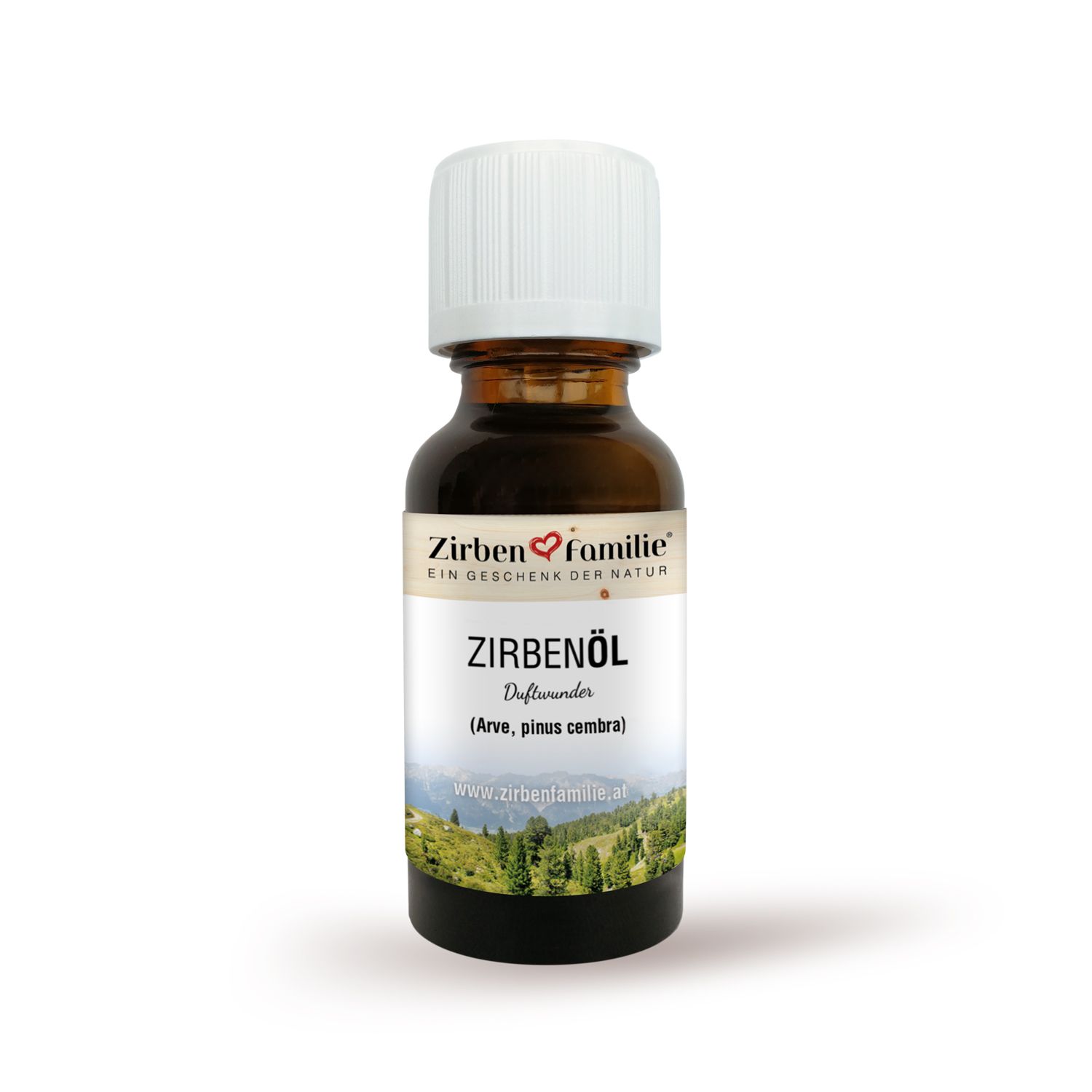 Braune Glasflasche mit weißem Deckel. Beschriftung: ZirbenFamilie, ZirbenÖl. Landschaftsdarstellung auf dem Etikett.