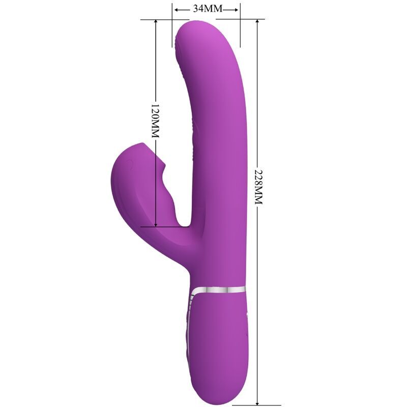 Lila Kaninchen-Vibrator mit Maßen: 228mm Länge, 120mm Stimulatorlänge, 34mm Breite.