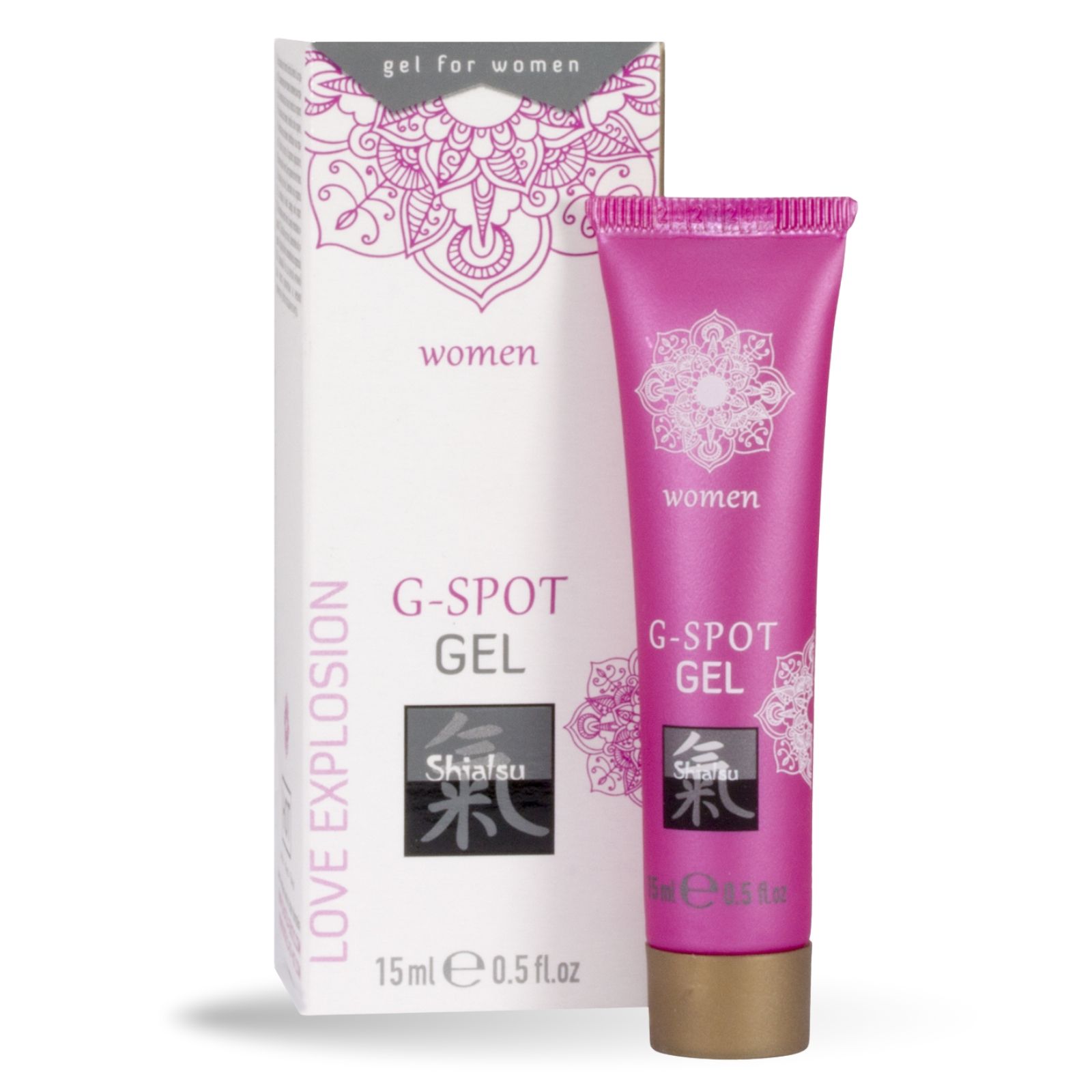 Rosa Tube und Schachtel. Aufschrift: G-Spot Gel, Shiatsu. 15ml. Für Frauen.