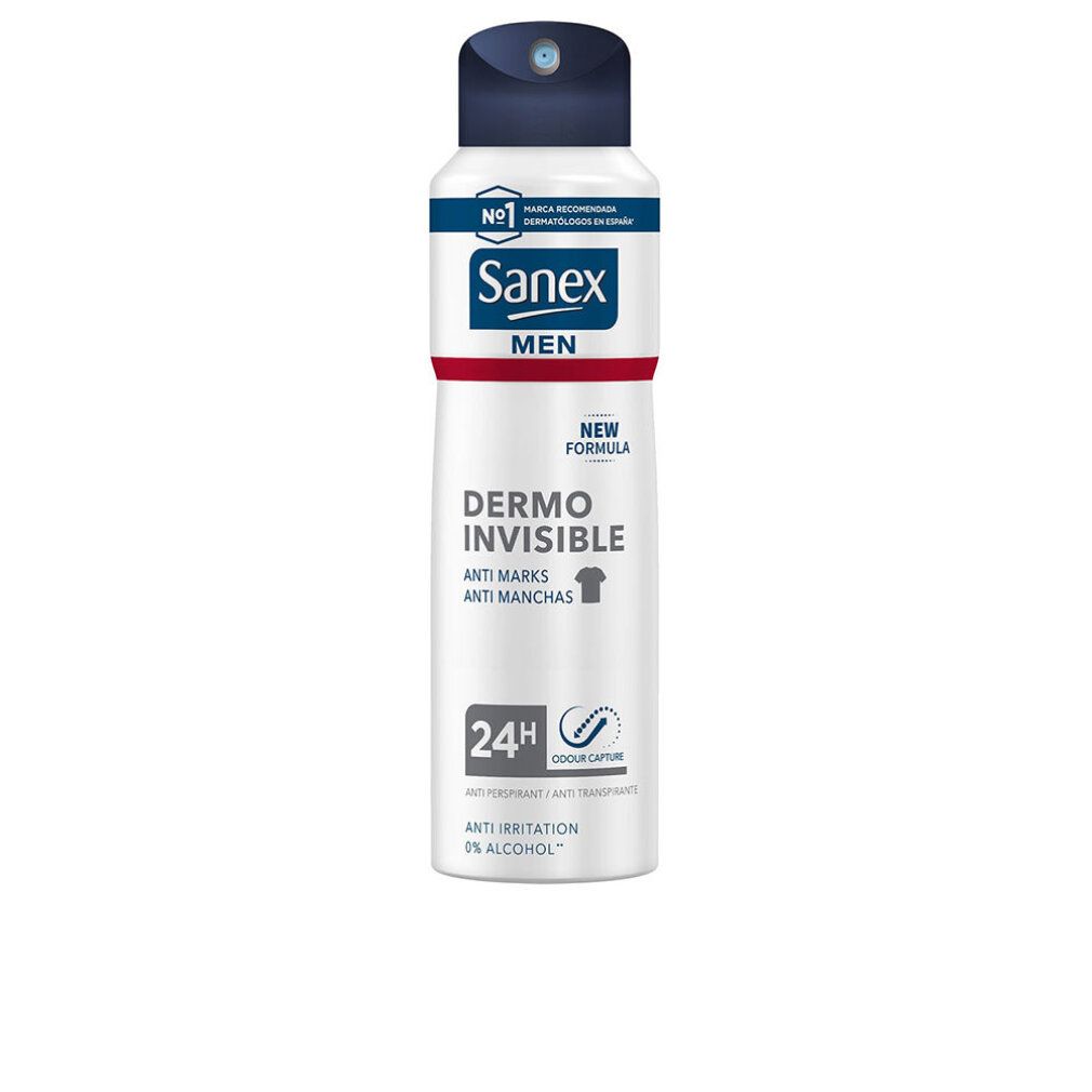 Sanex Men Dermo Invisible Deodorant Spray. Weiße Sprühdose mit blauem Deckel. Produktname und Eigenschaften aufgedruckt.
