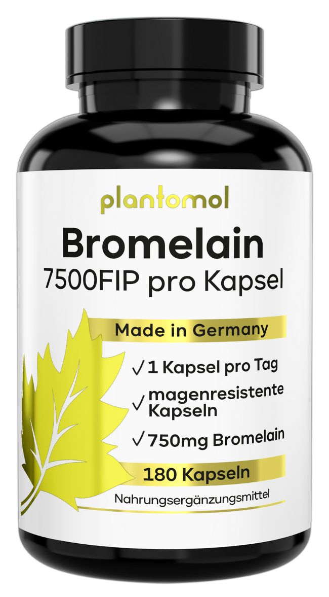 Schwarze Flasche mit gelbem Etikett. Enthält Bromelain Kapseln. Text: plantomol, Bromelain, 7500 FIP pro Kapsel, 180 Kapseln. Made in Germany.