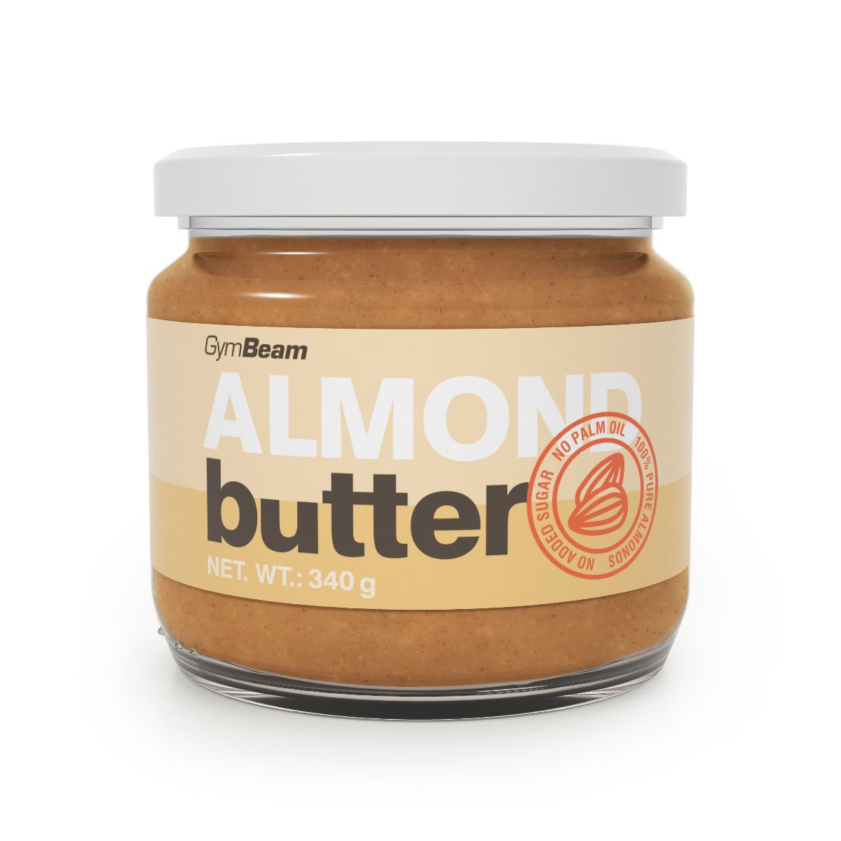 Glas Mandelbutter mit weißem Deckel und hellem Etikett. Enthält 340g.