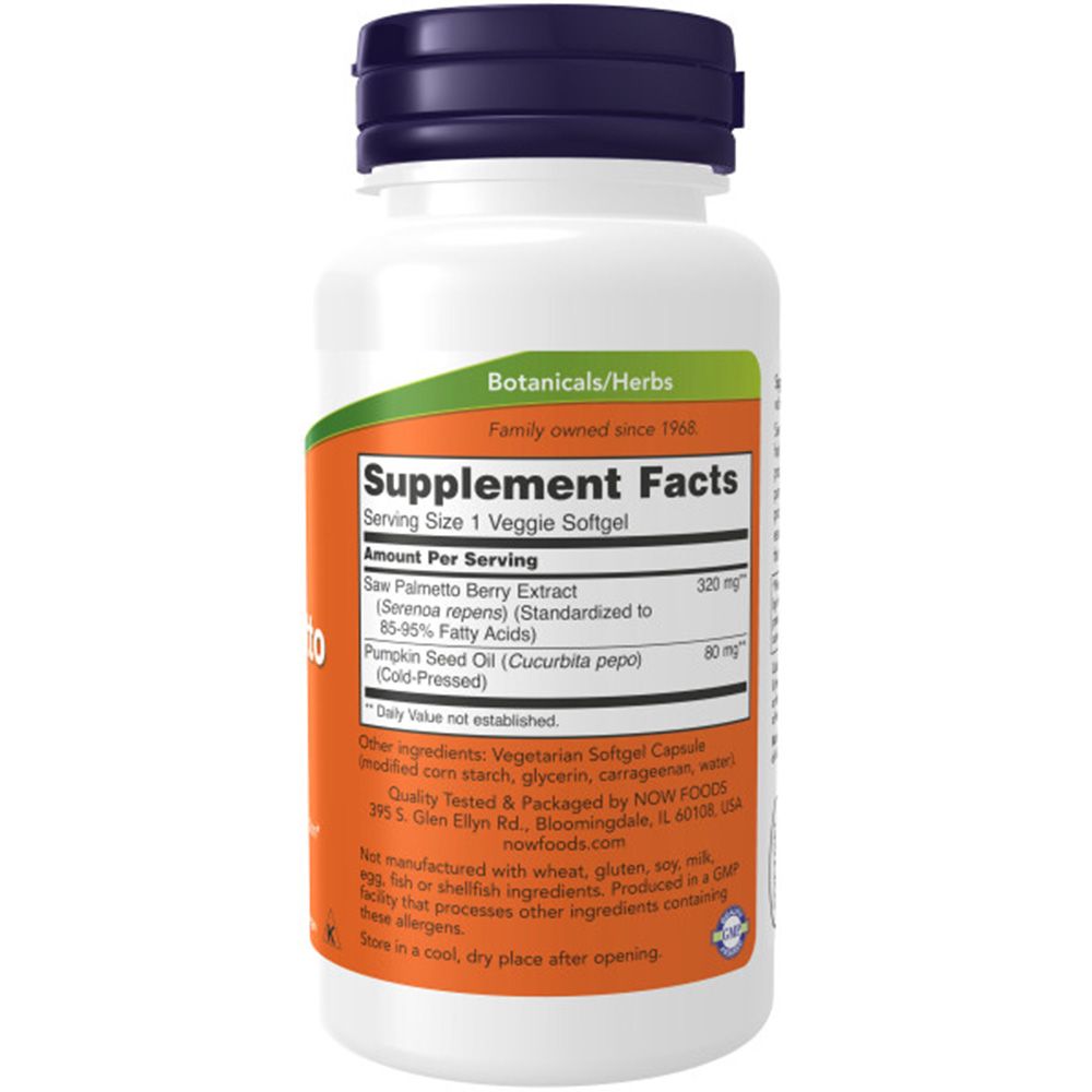 Rückseite der Flasche. Aufschrift: Supplement Facts. Saw Palmetto Berry Extract. 320 mg. Inhaltsstoffe. NOW Foods.