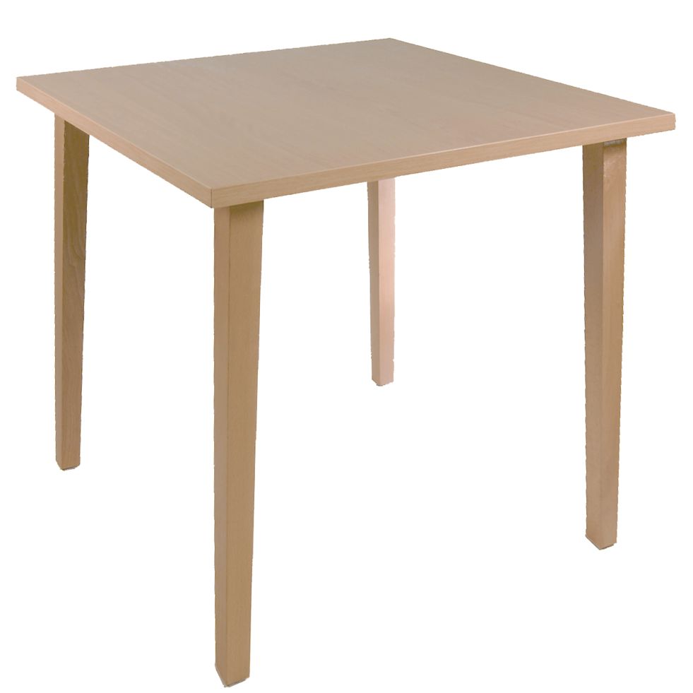 Quadratischer Tisch mit vier Beinen. Helle Holzoptik. Tischplatte und Beine in hellem Holzton. Einfaches Design.