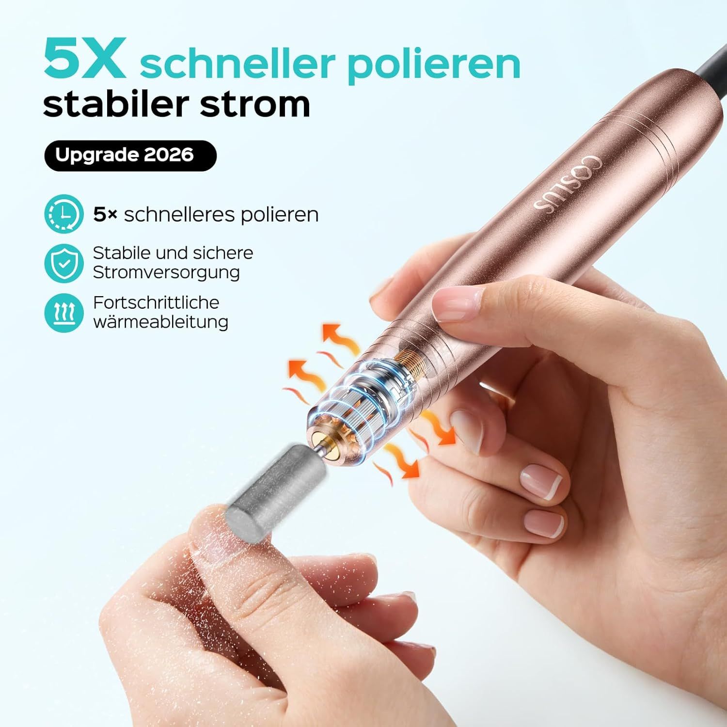 Nagelfräser mit Fräskopf. Rosegoldfarbenes Gehäuse, COSLUS-Logo. Text: 5X schneller polieren, stabiler Strom. Upgrade 2026.