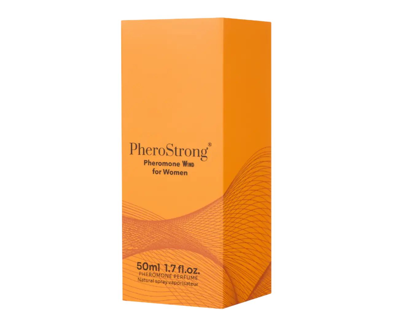 Orangefarbene Verpackung. Aufschrift: PheroStrong Pheromone Wind für Frauen. Enthält 50ml/1.7 fl.oz. Parfüm.