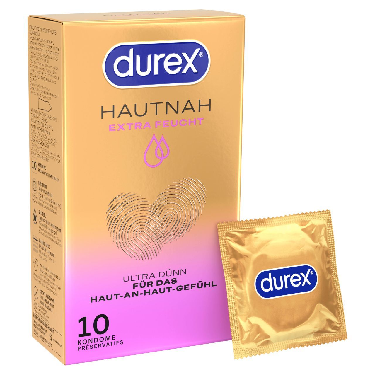 Durex Hautnah Extra Feucht Kondompackung, 10 Stück. Goldfarbene Verpackung mit Herz- und Fingerabdruck-Design.