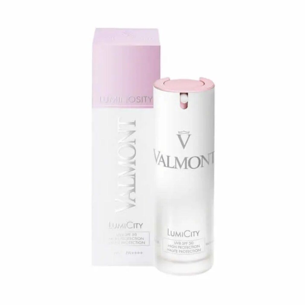 Weißes Valmont Luminosity Lumicity SPF50 Produkt mit Verpackung. Rosa Akzente. Text: Luminosity, LumiCity, SPF 50.