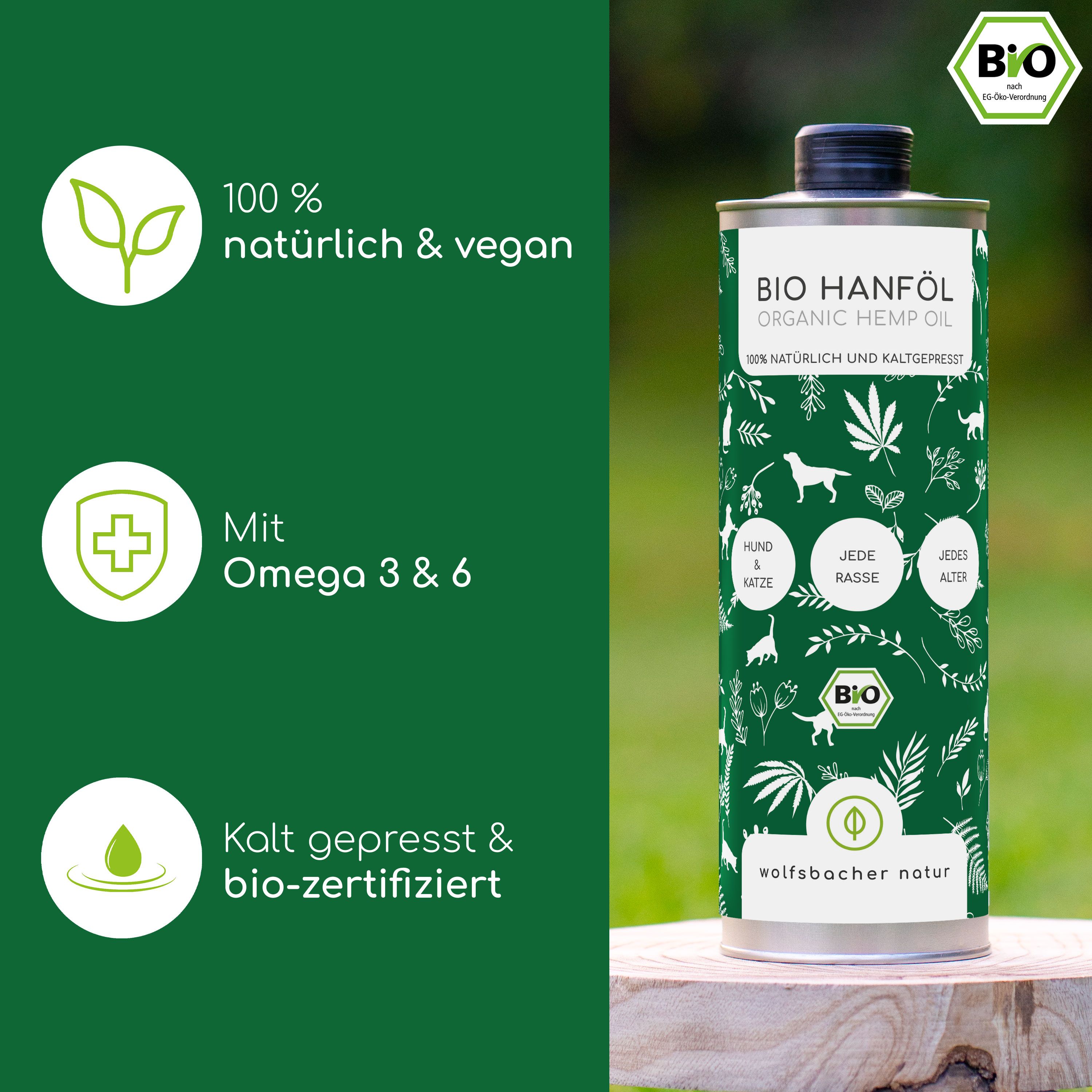 Grüne Grafik mit "BIO Hanföl"-Dose. Text: 100% natürlich & vegan, Omega 3 & 6, kalt gepresst & bio-zertifiziert.