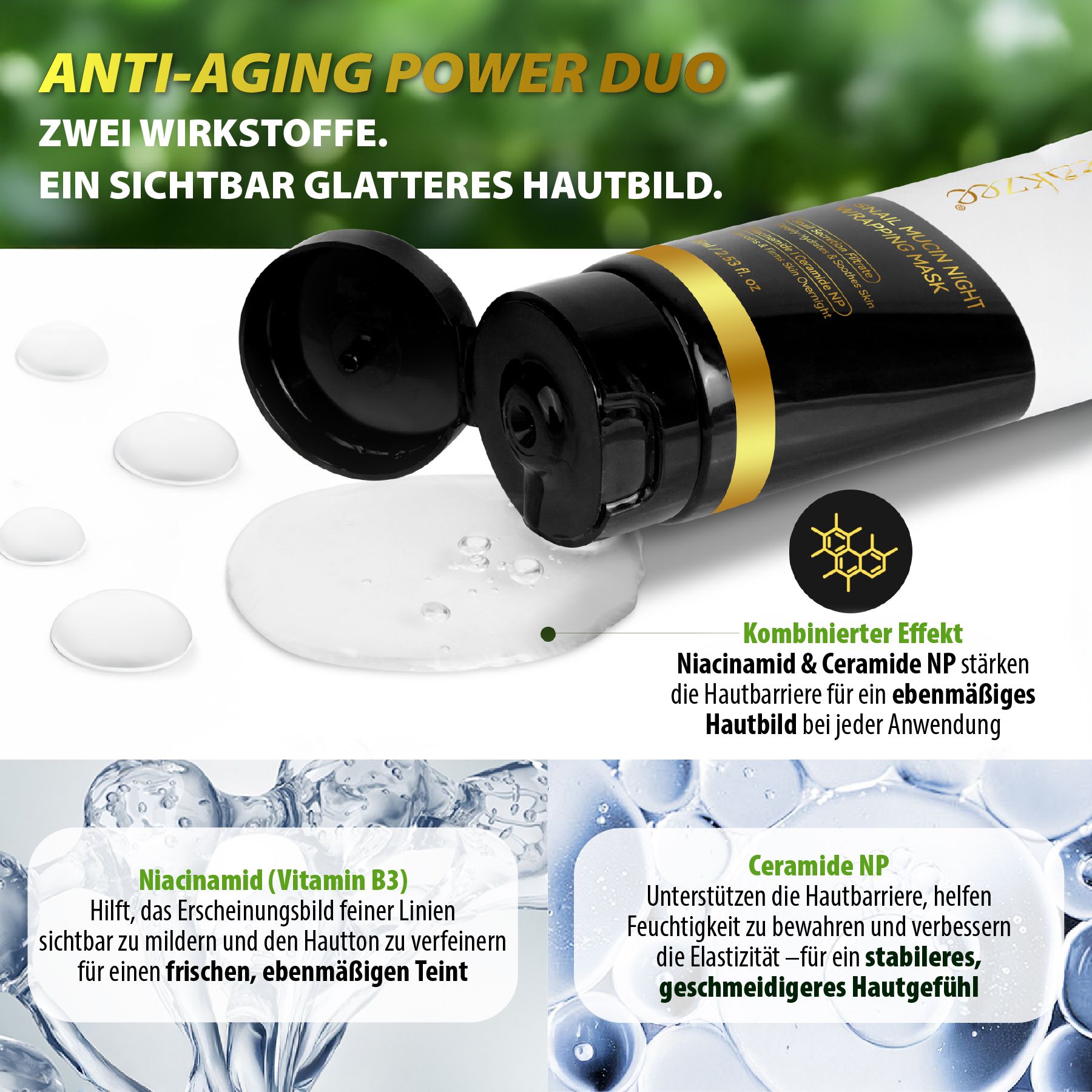 Produkt-Tube. Text: Anti-Aging Power Duo. Kombinierter Effekt. Niacinamid und Ceramide NP. Hautbild.