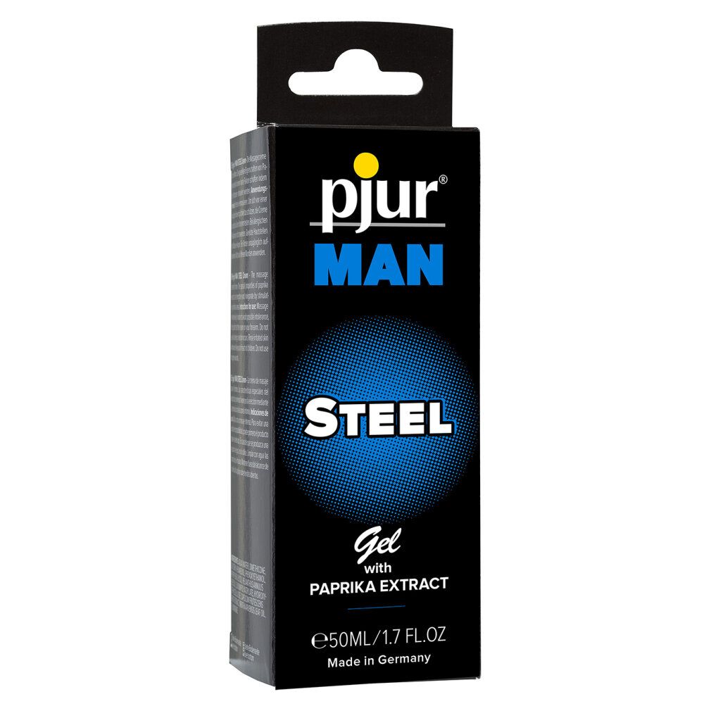 Schwarze Schachtel. Aufschrift: Pjur MAN STEEL Gel mit Paprikaextrakt. 50ml/1.7 fl.oz. Mit Aufhänger.