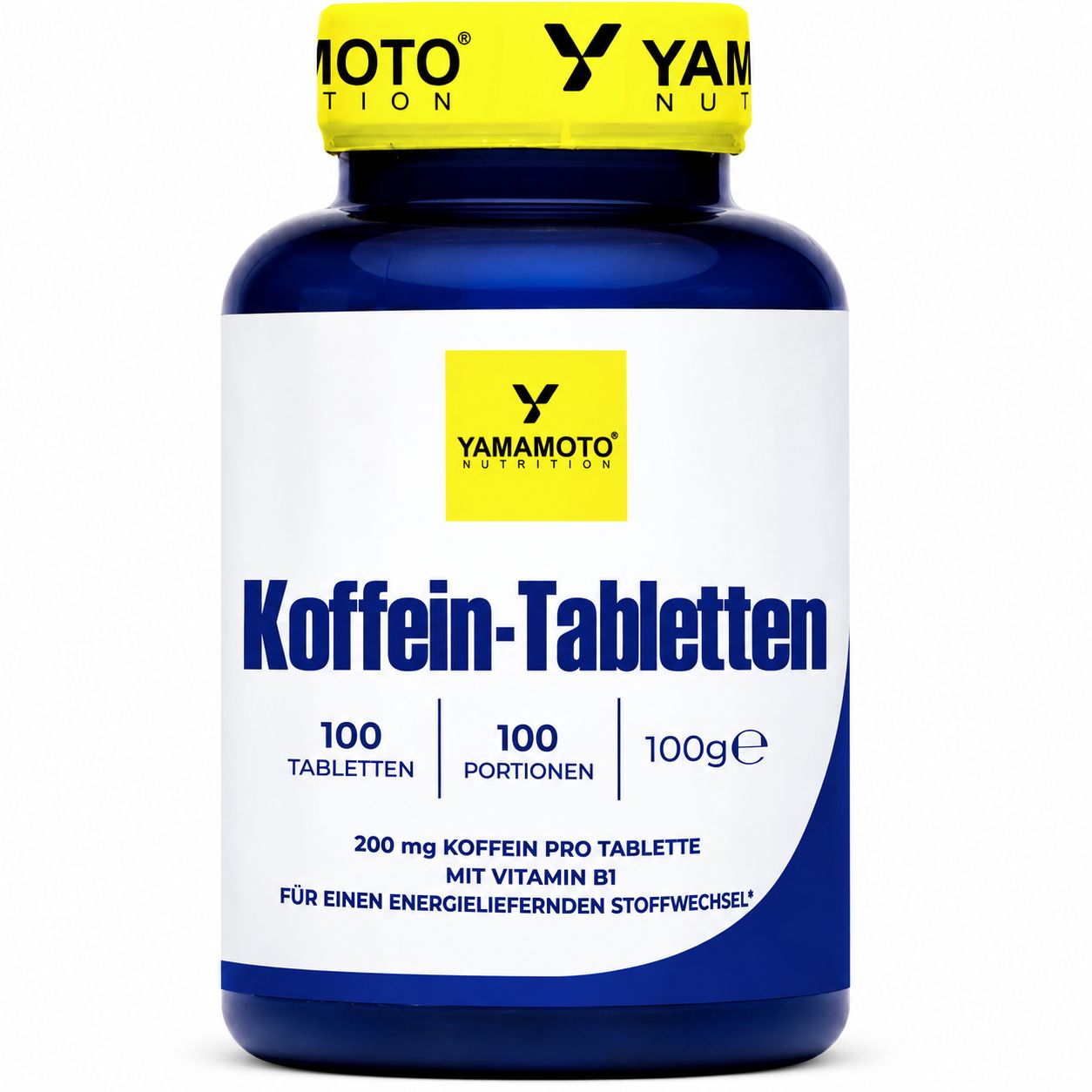 Blauer Behälter mit Yamamoto Nutrition Koffeintabletten, 100 Stück, 100g.