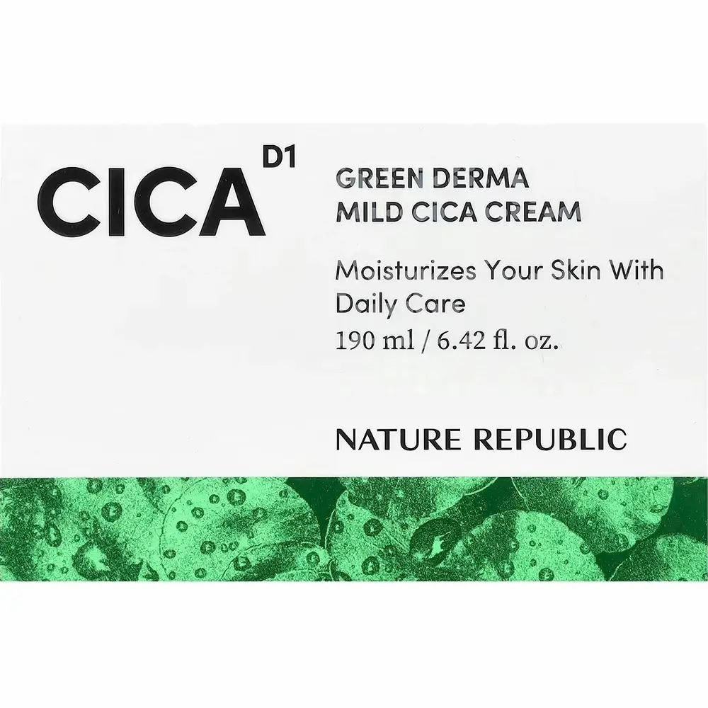Weißer Tiegel mit grüner Aufschrift CICA, Green Derma Mild Cica Cream. Text: Nature Republic, 190 ml/6.42 fl. oz. Grüner Hintergrund.