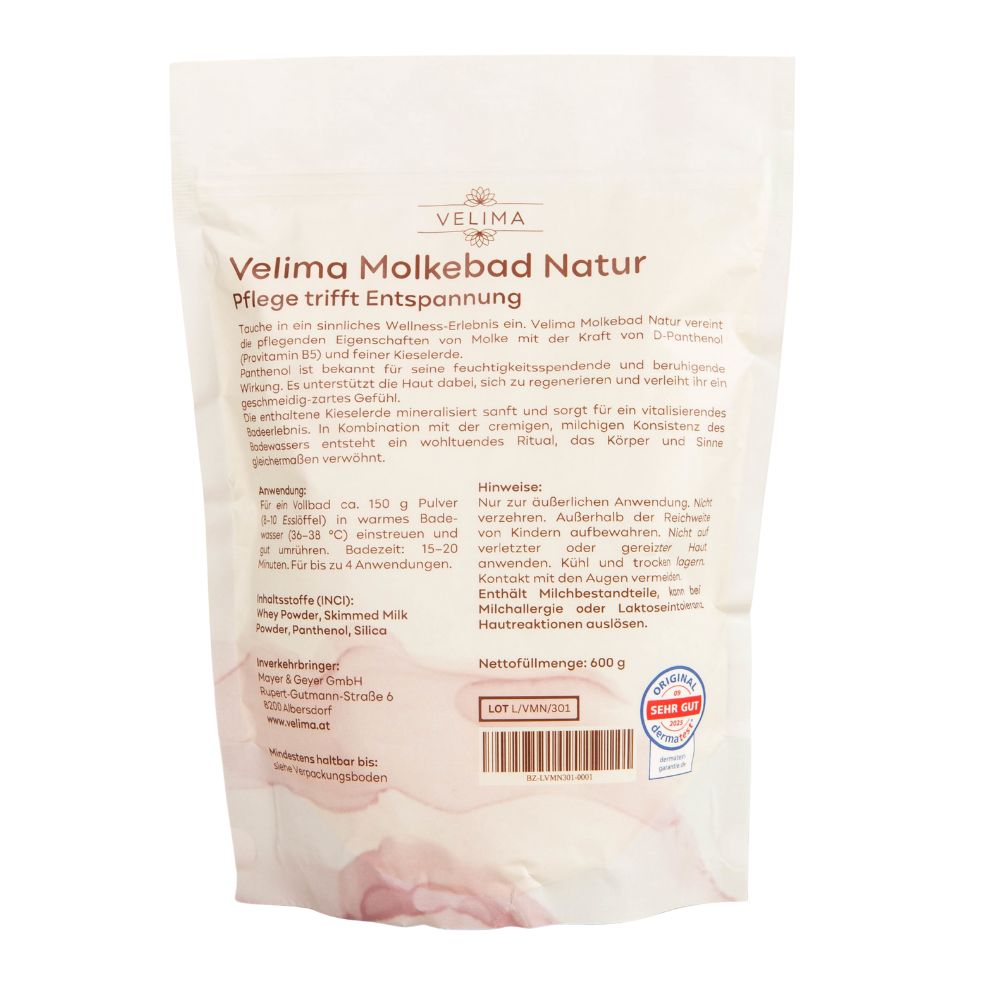 Beutel mit Velima Molkebad Natur. Weißer Beutel mit Produktnamen und Inhaltsangaben. Siegel "Original".
