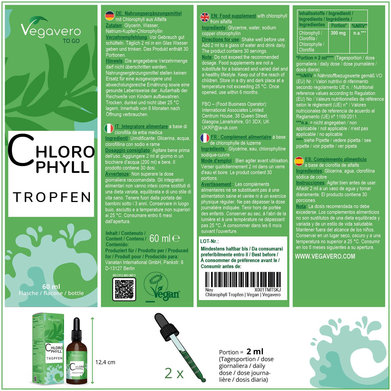 Verpackung und Flasche mit Chlorophyll Tropfen. Auf der Verpackung sind Produktinformationen in verschiedenen Sprachen abgebildet. Mit Tropfer.