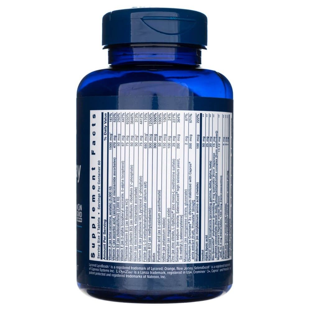 Rückseite einer blauen Flasche mit Nahrungsergänzungsmitteln, die eine detaillierte Nährwerttabelle zeigt.