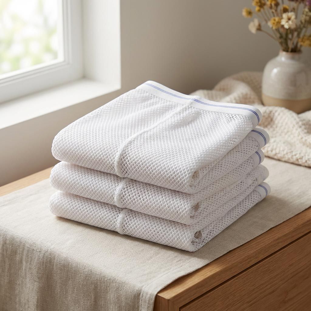 Stapel von drei weißen, netzartigen Postpartum-Netzhosen. Blaue Linie am Bund. Auf einer Oberfläche platziert.