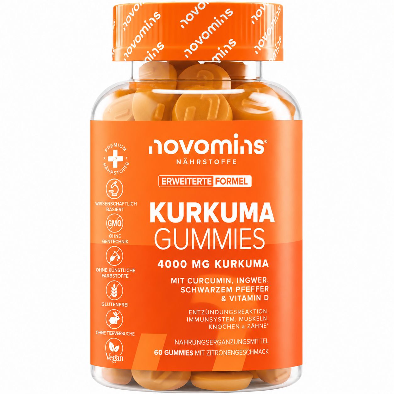 Novomins Kurkuma Gummies, 4000 mg Kurkuma, mit Curcumin, Ingwer, schwarzem Pfeffer & Vitamin D. 60 Gummies mit Zitronengeschmack.