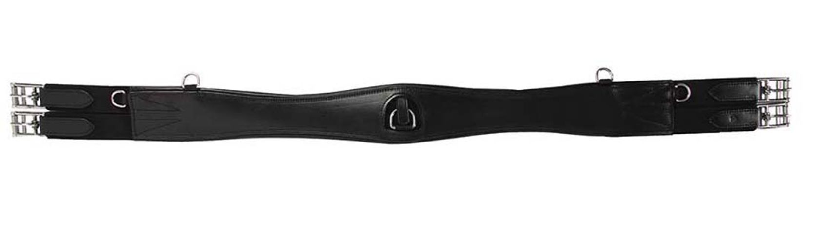Schwarzer Ledersattelgurt mit silbernen Schnallen und Ringen.