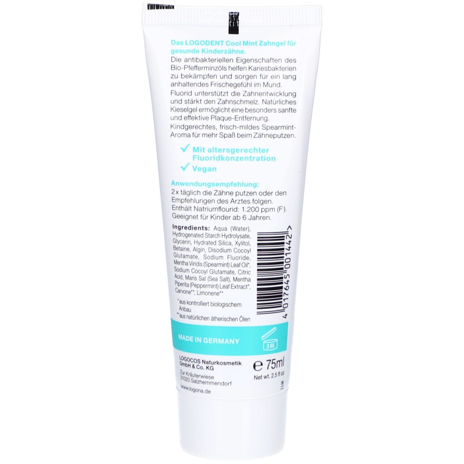 Rückseite der Zahngel-Tube. Textabschnitte mit Inhaltsstoffen, Anwendungshinweisen und Herstellerinformationen. Enthält ein Vegan-Siegel.